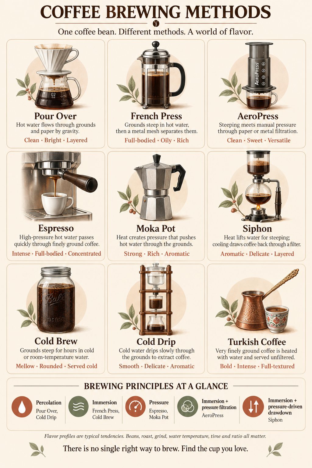 咖啡沖煮方式完整指南 Coffee brewing methods chart: pour over, French press, AeroPress, espresso, moka pot, siphon, cold brew, cold drip, and Turkish coffee