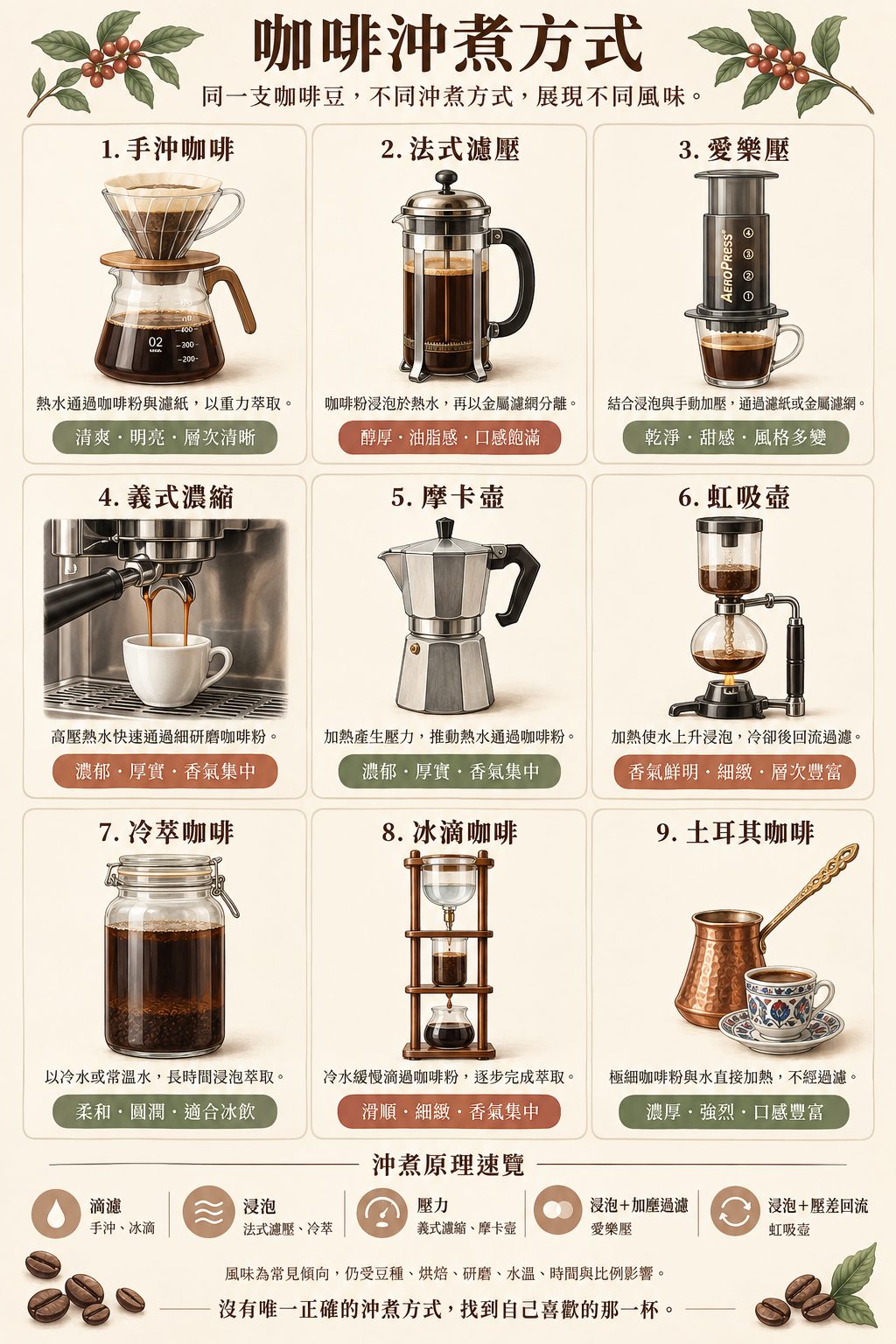 咖啡沖煮方式完整指南 咖啡沖煮方式圖表:手沖、法式濾壓、愛樂壓、義式濃縮、摩卡壺、虹吸壺、冷萃、冰滴與土耳其咖啡