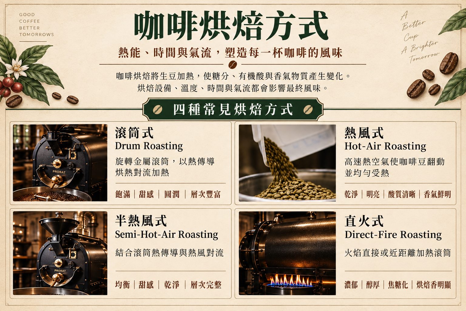 咖啡知識 咖啡烘焙方式:滾筒式、熱風式、半熱風式及直火式烘焙