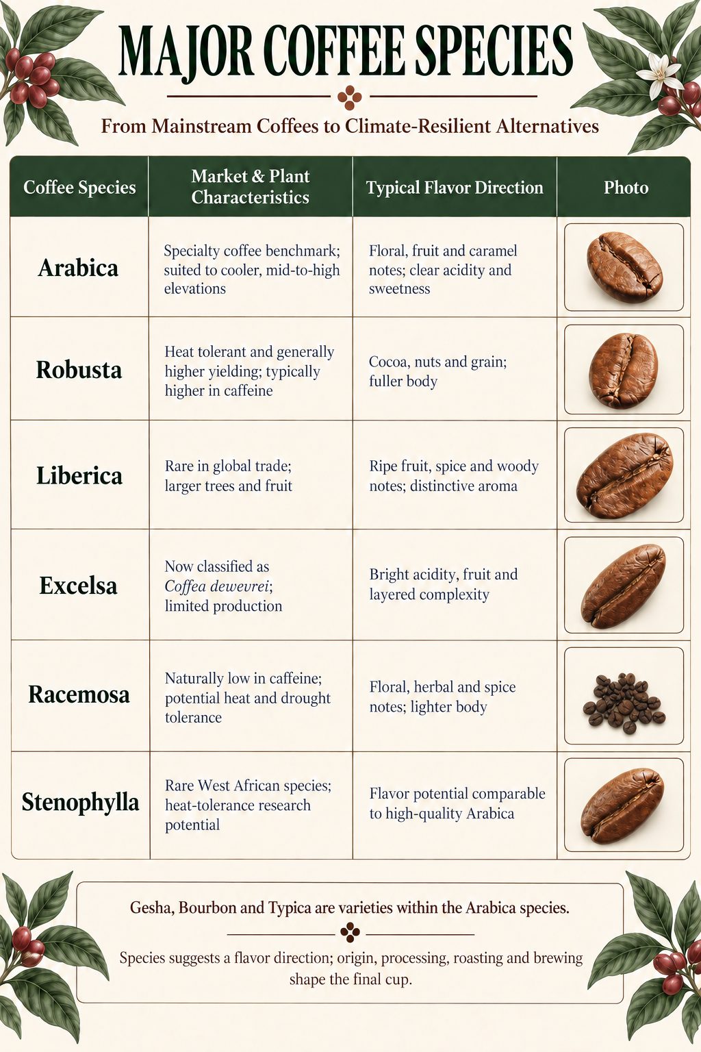 咖啡物種與阿拉比卡經典品種 Comparison of six major coffee species, their plant characteristics, and typical flavor profiles