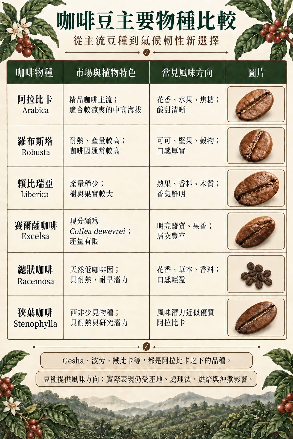 咖啡物種與阿拉比卡經典品種 六種主要咖啡物種的生長特性與常見風味比較圖