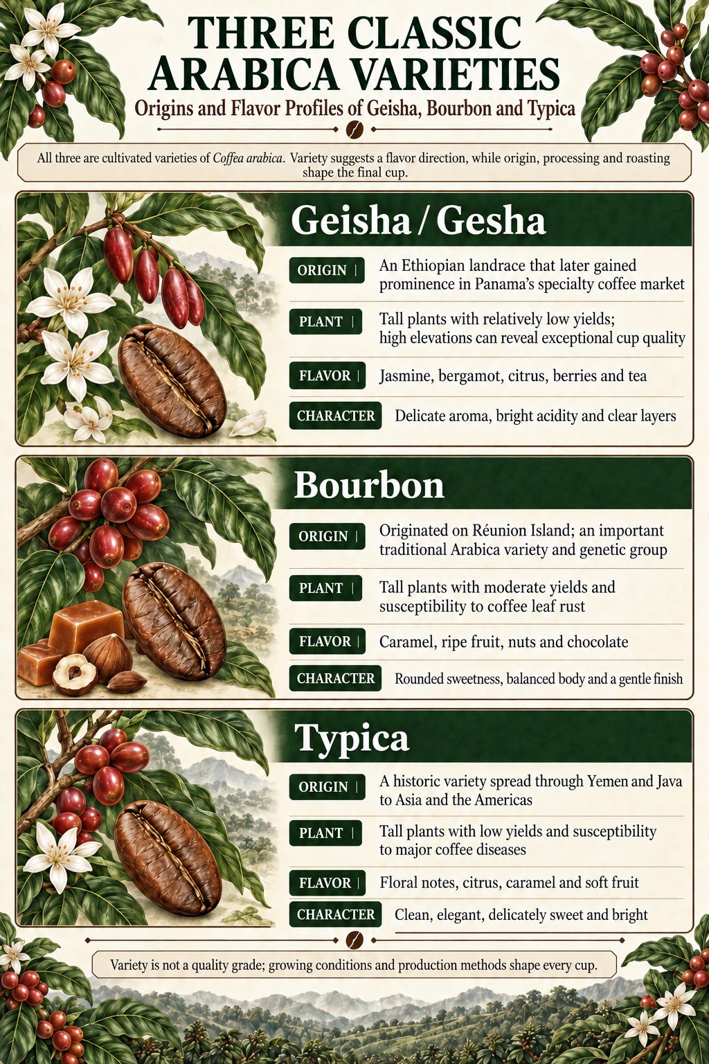 咖啡物種與阿拉比卡經典品種 Comparison of three classic Arabica varieties: Geisha, Bourbon, and Typica